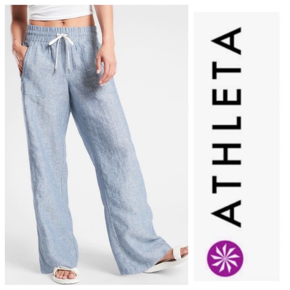 Athleta Pants - Athleta Cabo Linen Light Heathered Blue Beachy Wide Leg Drawstring Pant